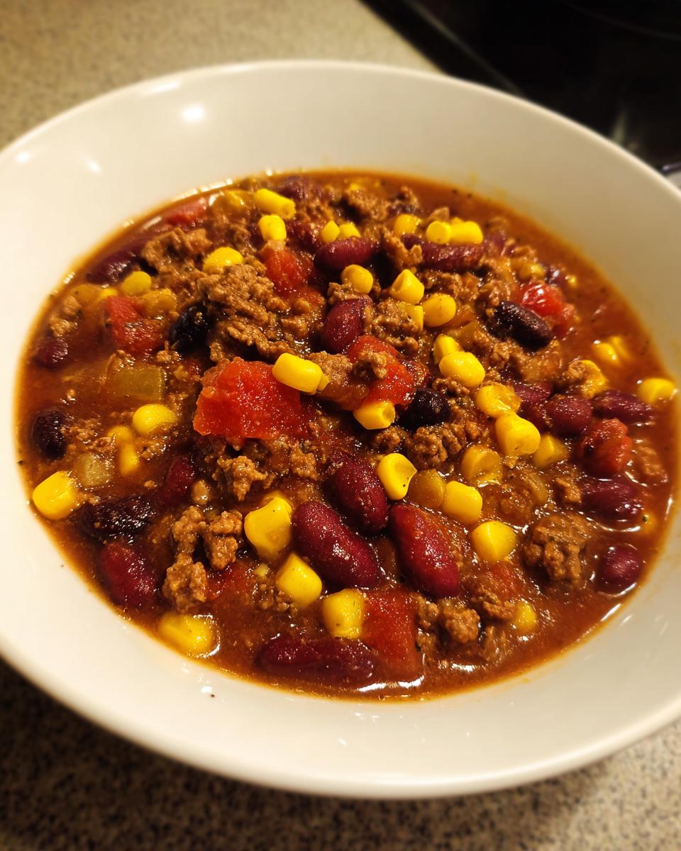 Close-up of a white bowl filled with rich, hearty cowboy soup featuring ground beef, kidney beans, corn, and tomatoes.