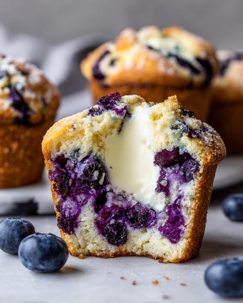 Close-up of a blueberry cream cheese muffin cut in half showing the creamy center and burst blueberries.