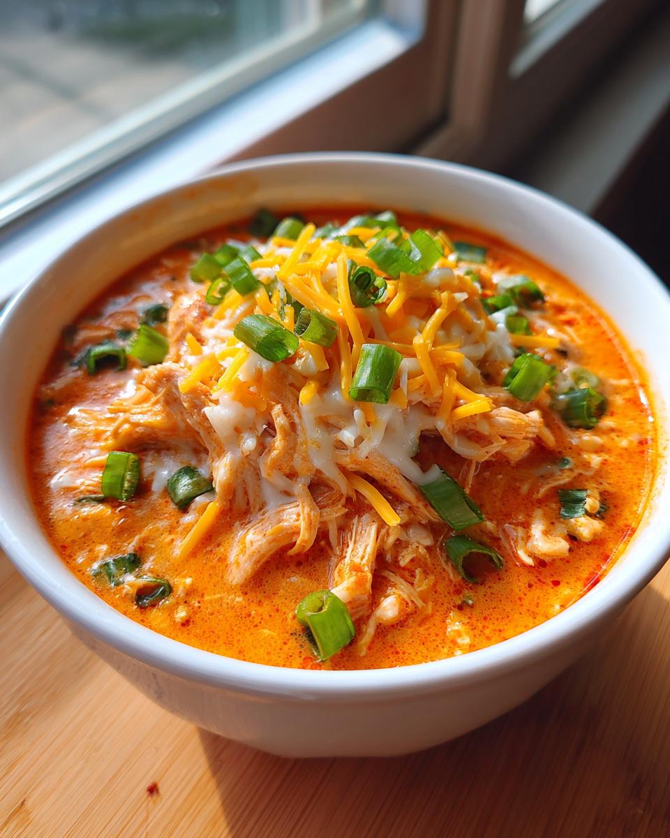 A close-up of a bowl of creamy, orange buffalo chicken chili topped with shredded cheese and chopped green onions.