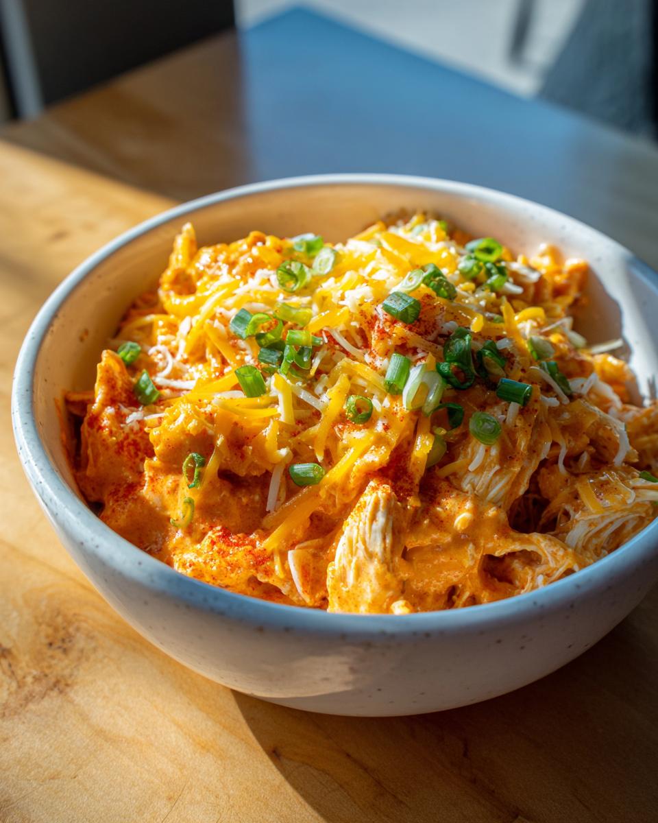 Close-up of a bowl of creamy buffalo chicken chili, topped generously with shredded cheese and sliced green onions.