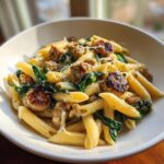 A close-up of creamy chicken sausage pasta with penne, spinach, and browned sausage pieces in a white bowl.