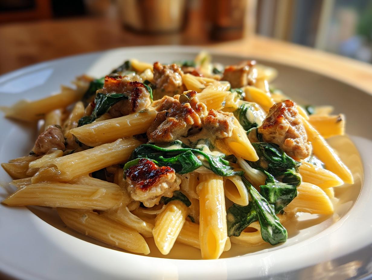 A close-up of creamy chicken sausage pasta featuring penne, browned sausage pieces, and wilted spinach.