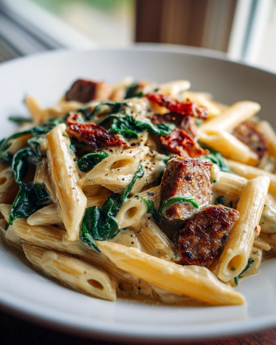Close-up of creamy chicken sausage pasta featuring penne, spinach, sun-dried tomatoes, and black pepper.