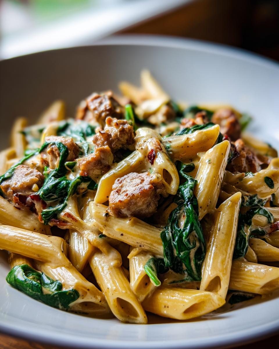 Close-up of creamy chicken sausage pasta featuring penne, browned sausage chunks, and wilted spinach in a white bowl.