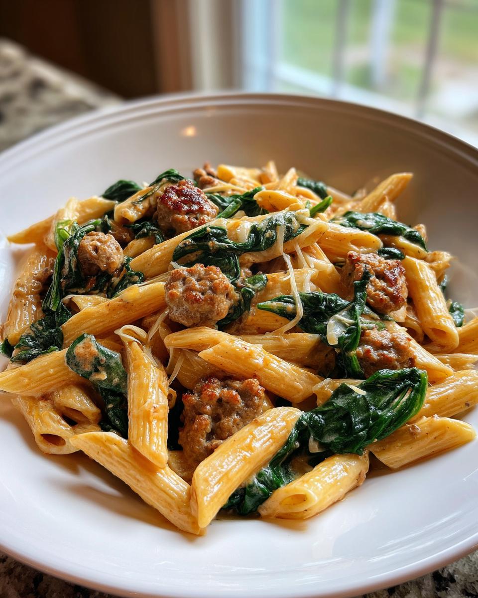 Close-up of creamy chicken sausage pasta with spinach and penne in a white bowl.