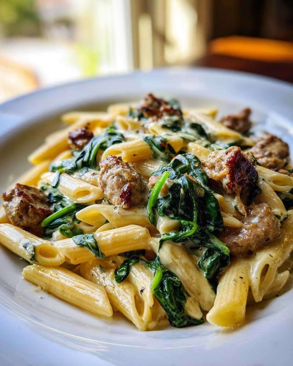 Close-up of creamy chicken sausage pasta featuring penne, browned sausage pieces, and wilted spinach in a rich sauce.