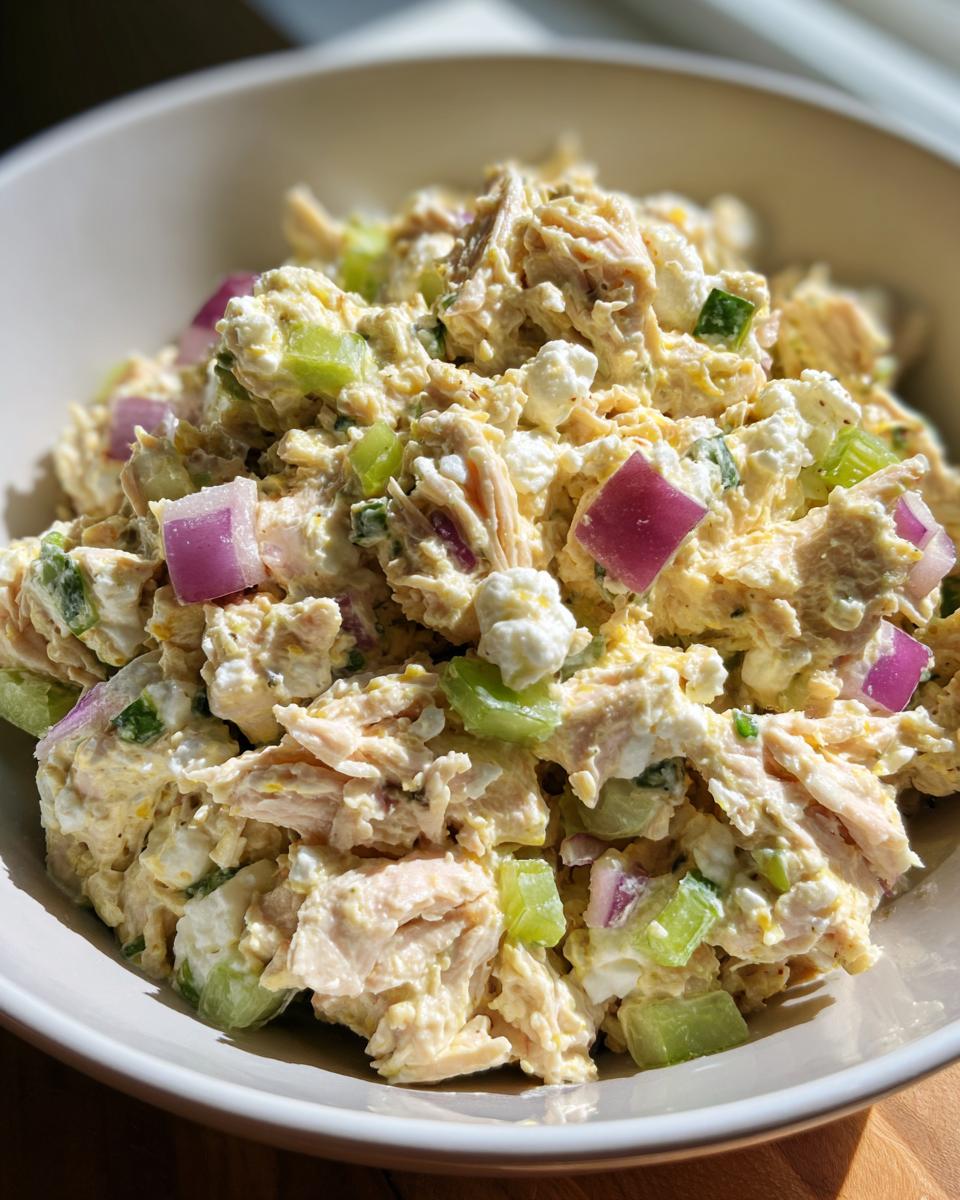 A close-up of creamy cottage cheese chicken salad mixed with chunks of red onion and celery in a white bowl.