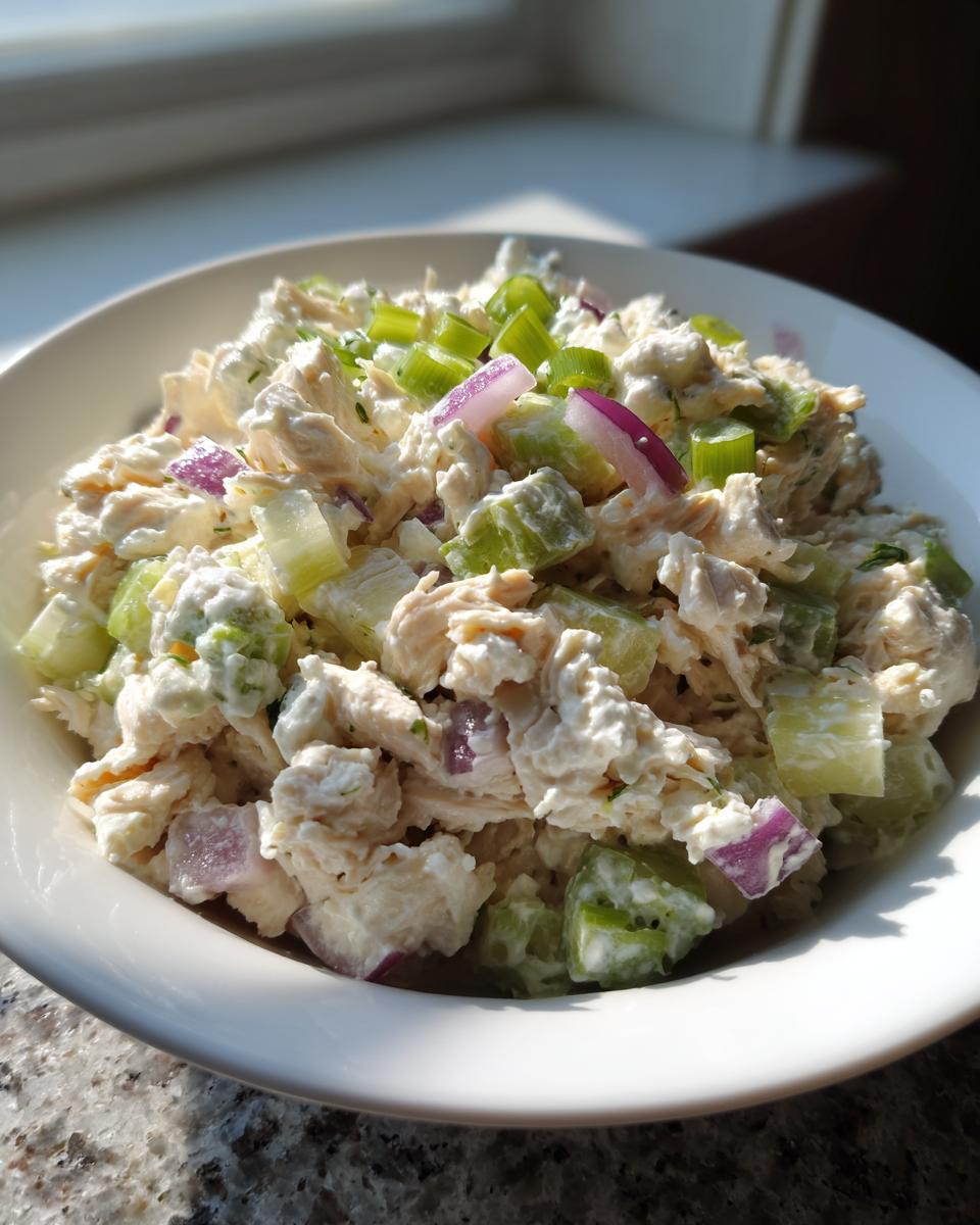 Close-up of creamy cottage cheese chicken salad with celery and red onion chunks in a white bowl.