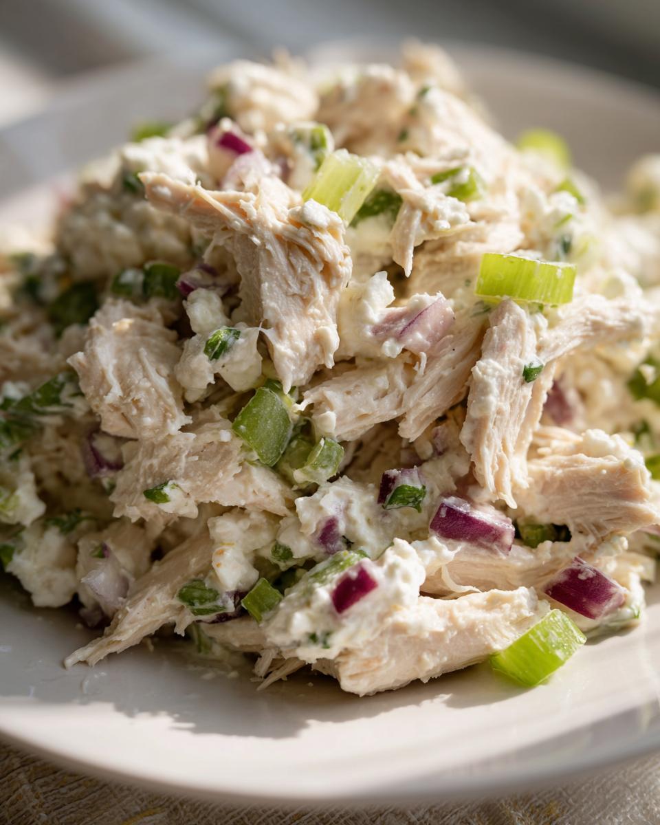 Close-up of shredded chicken mixed with cottage cheese, red onion, and celery in a vibrant cottage cheese chicken salad.