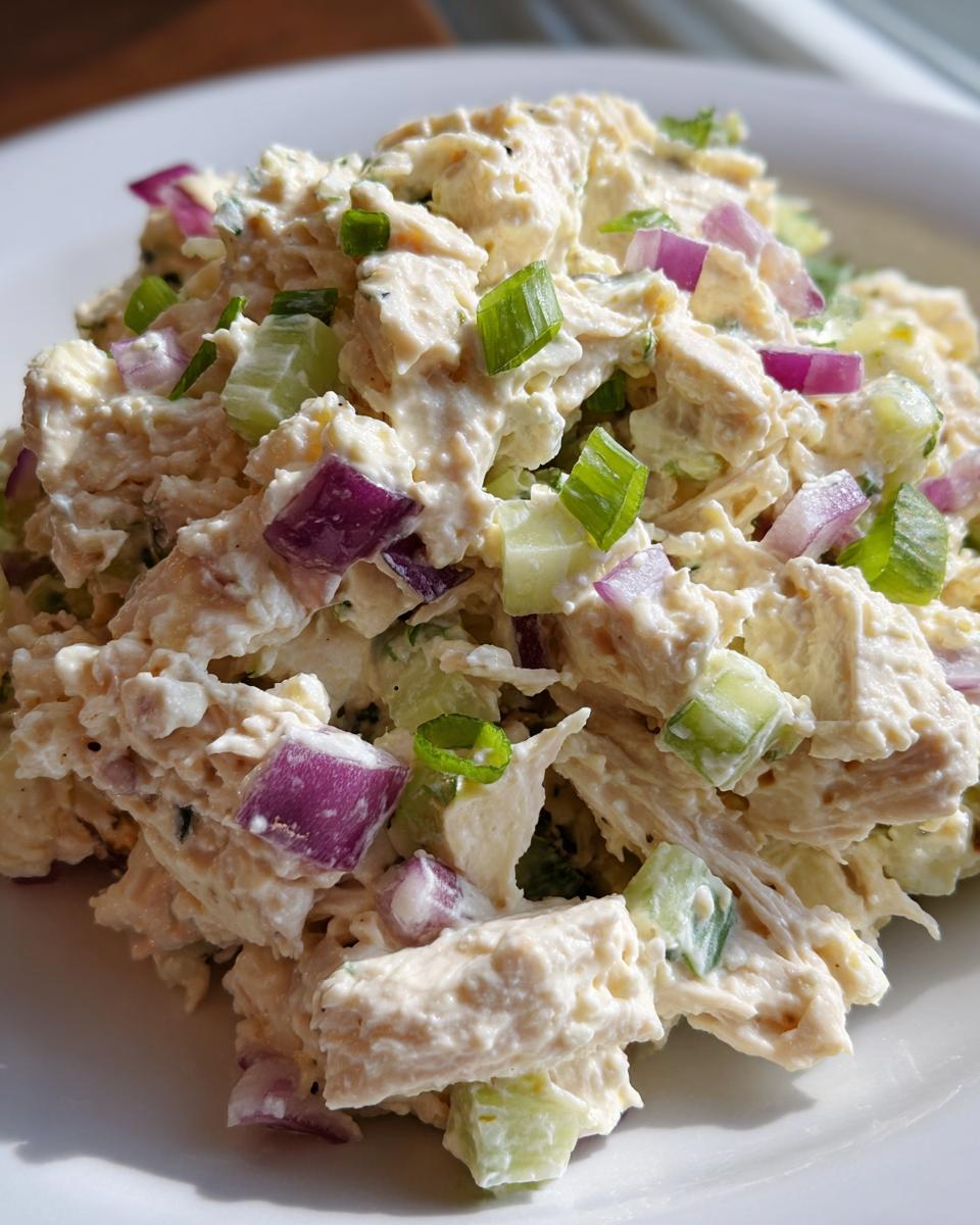 A close-up of creamy cottage cheese chicken salad mixed with diced red onion, celery, and green onion.