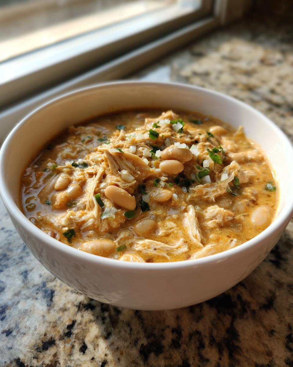 A close-up of creamy crockpot white chicken chili filled with shredded chicken and white beans, topped with diced onions and herbs.