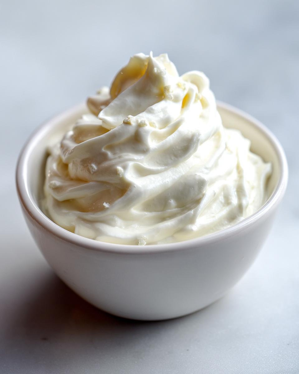 Close-up of thick, creamy homemade garlic aioli swirled high in a small white bowl.