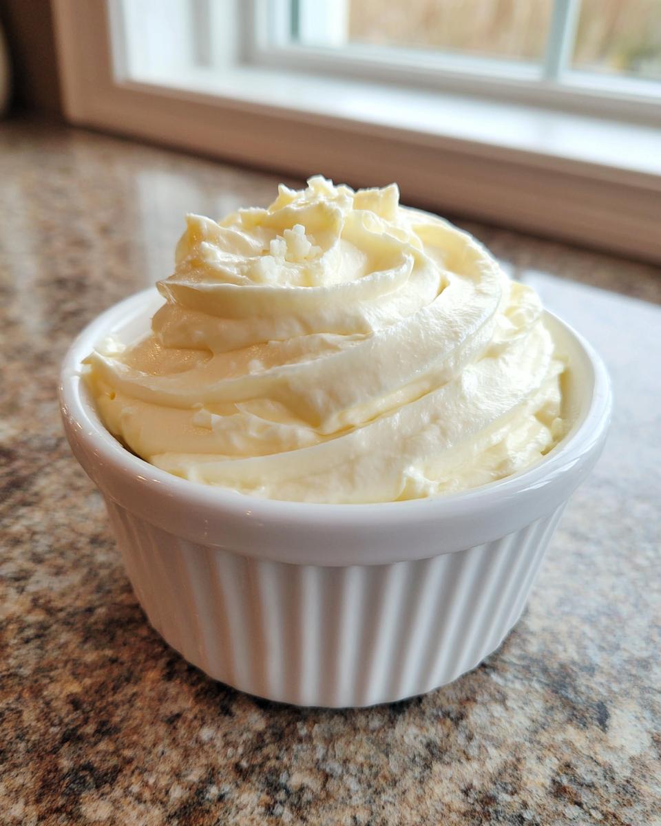 A close-up of freshly made, creamy garlic aioli piped into a small white ramekin, sitting on a speckled countertop.
