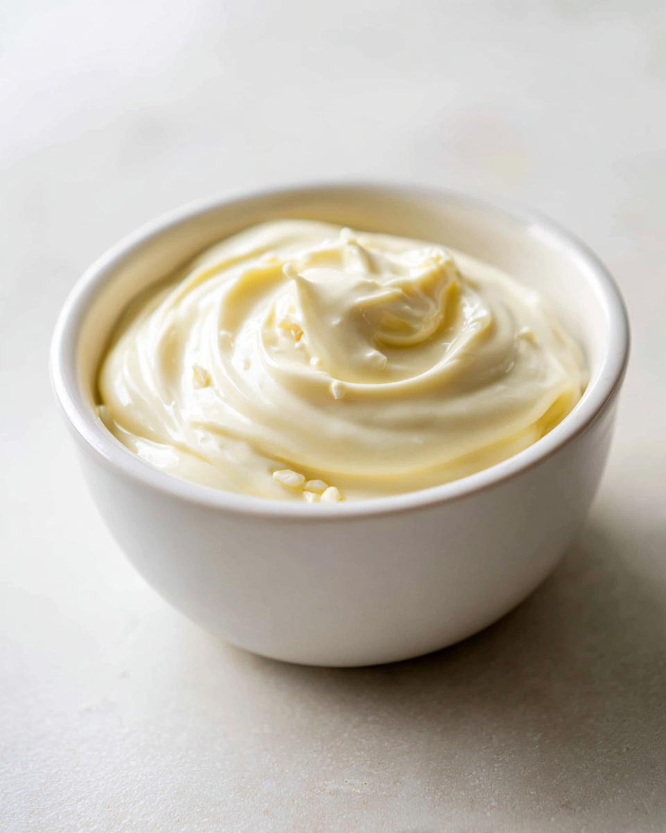 Close-up of thick, creamy homemade garlic aioli swirled in a small white bowl.