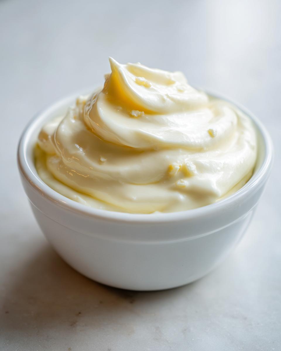 Close-up of thick, creamy garlic aioli swirled high in a small white ramekin.