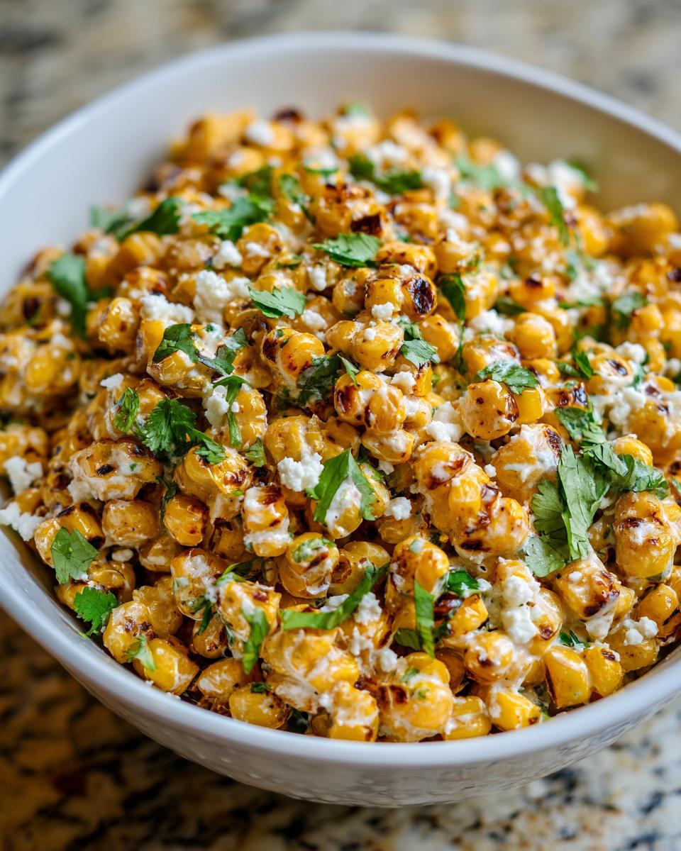 Close-up of a white bowl filled with creamy, charred grilled street corn salad topped with cotija cheese and fresh cilantro.