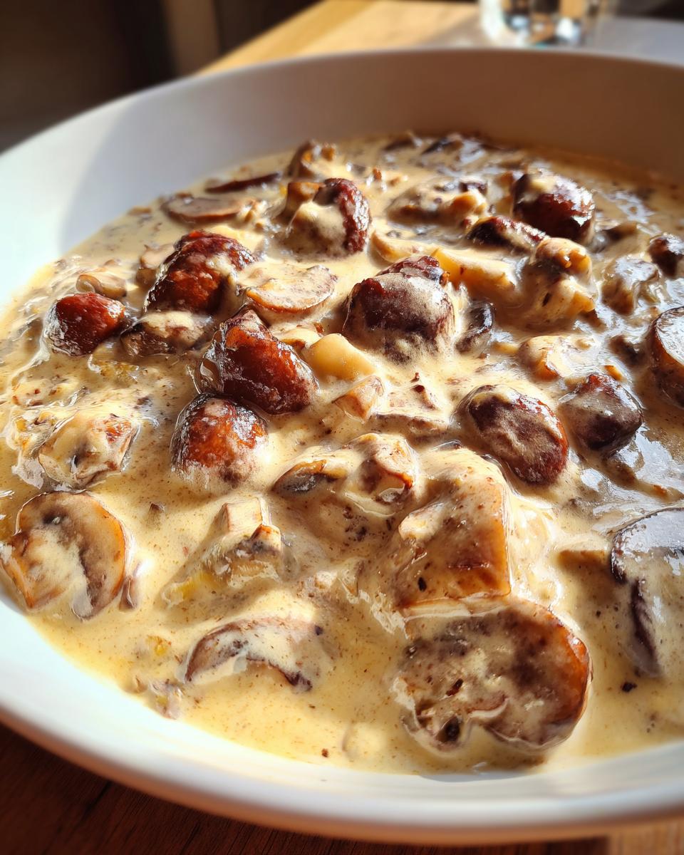Close-up of rich, creamy mushroom sauce filled with sautéed mushrooms in a white bowl.