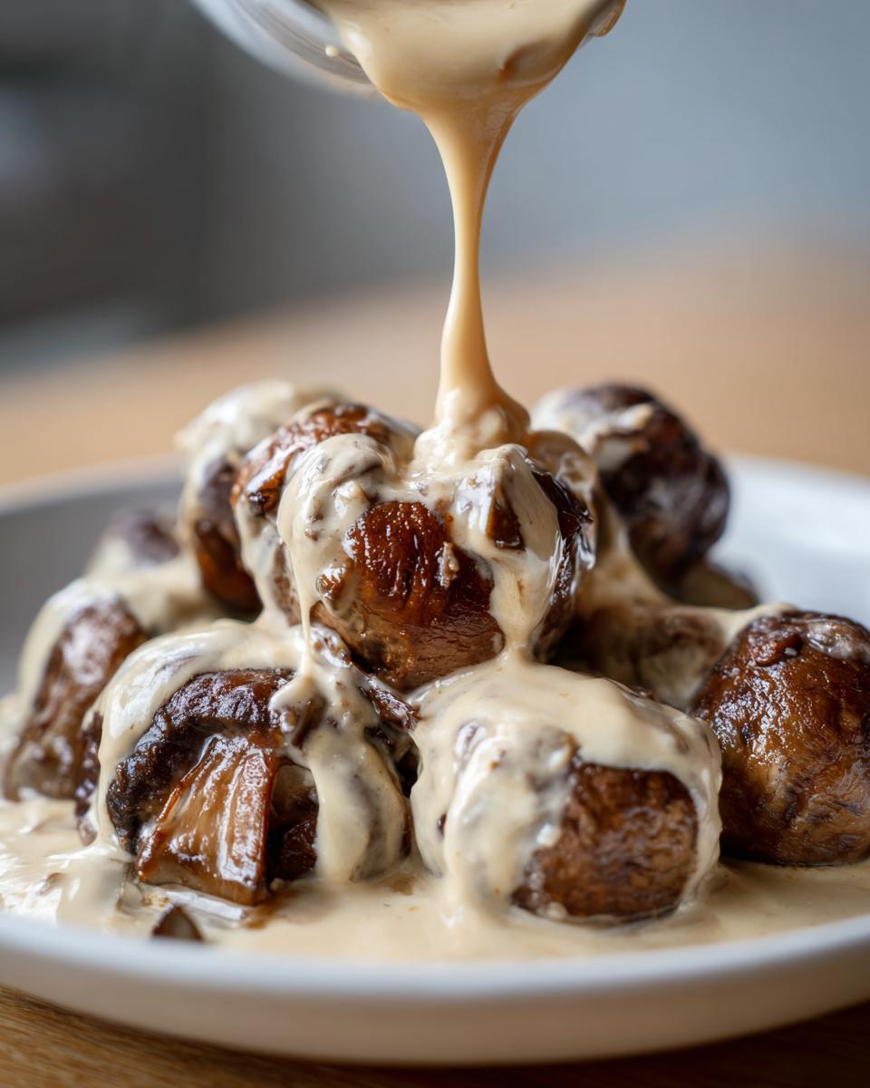 Close-up of creamy mushroom sauce being poured over a pile of sautéed whole mushrooms.