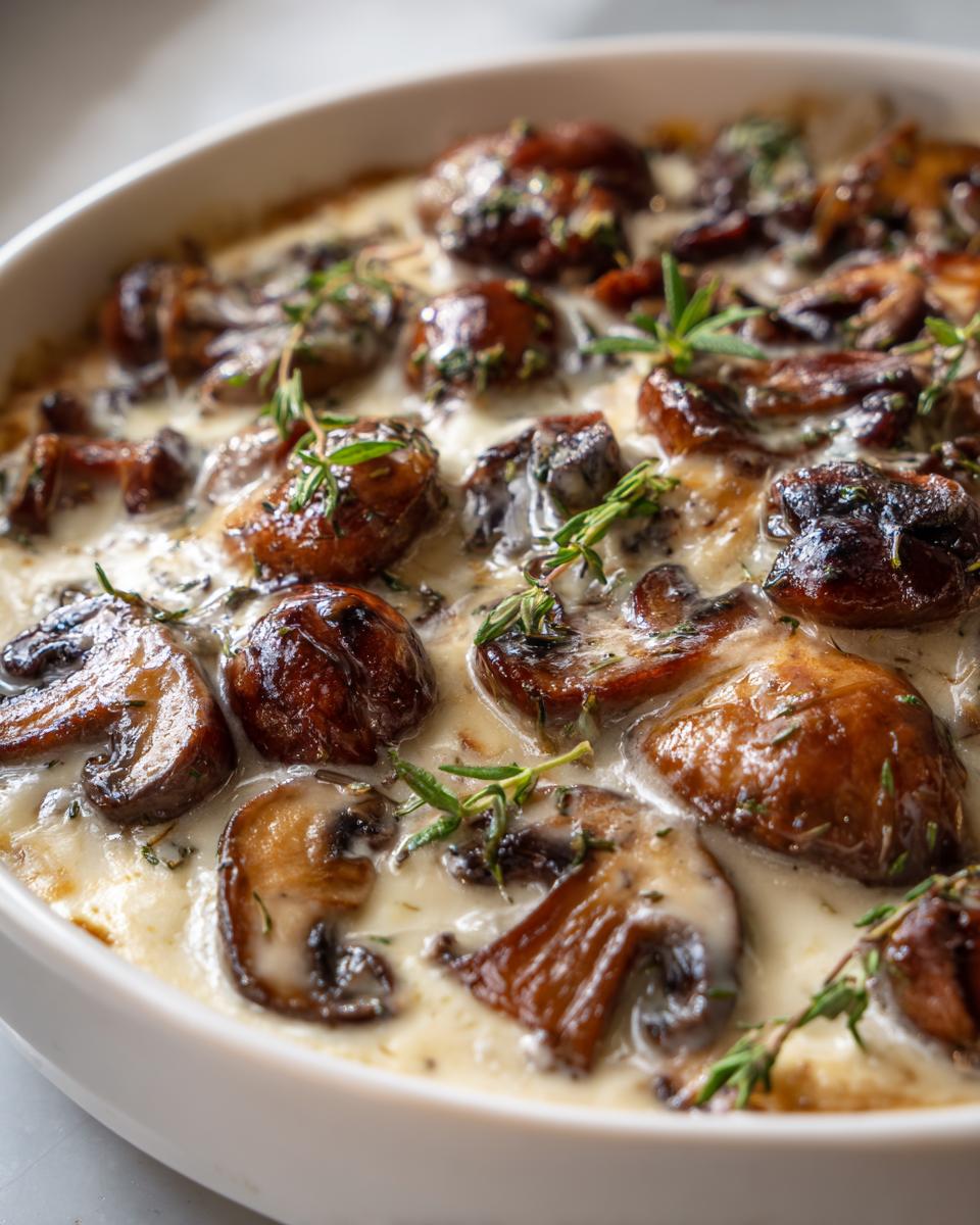 Close-up of rich, brown mushrooms swimming in a creamy white mushroom sauce, garnished with fresh thyme.
