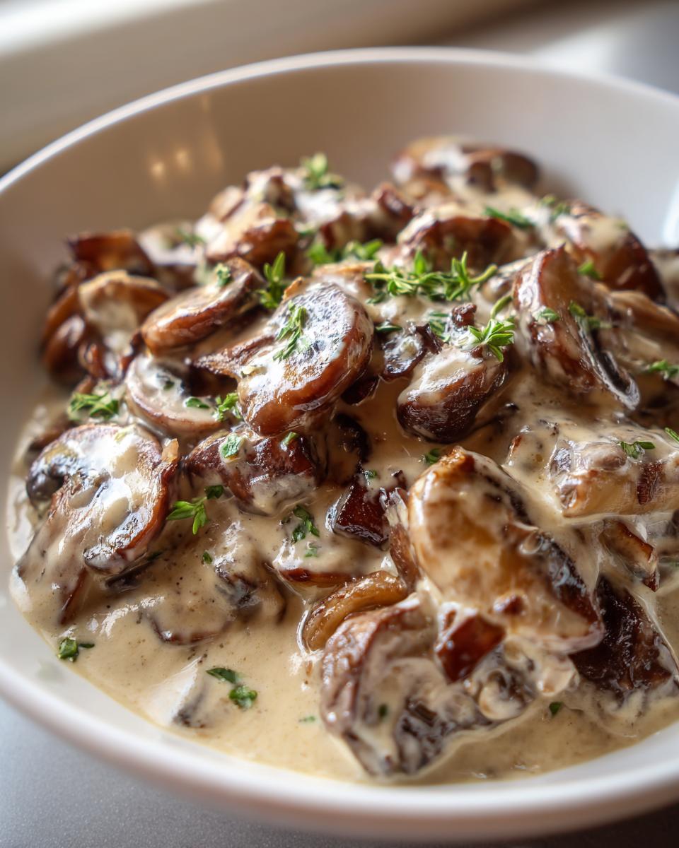 Close-up of rich, creamy mushroom sauce loaded with sautéed mushrooms and fresh thyme.