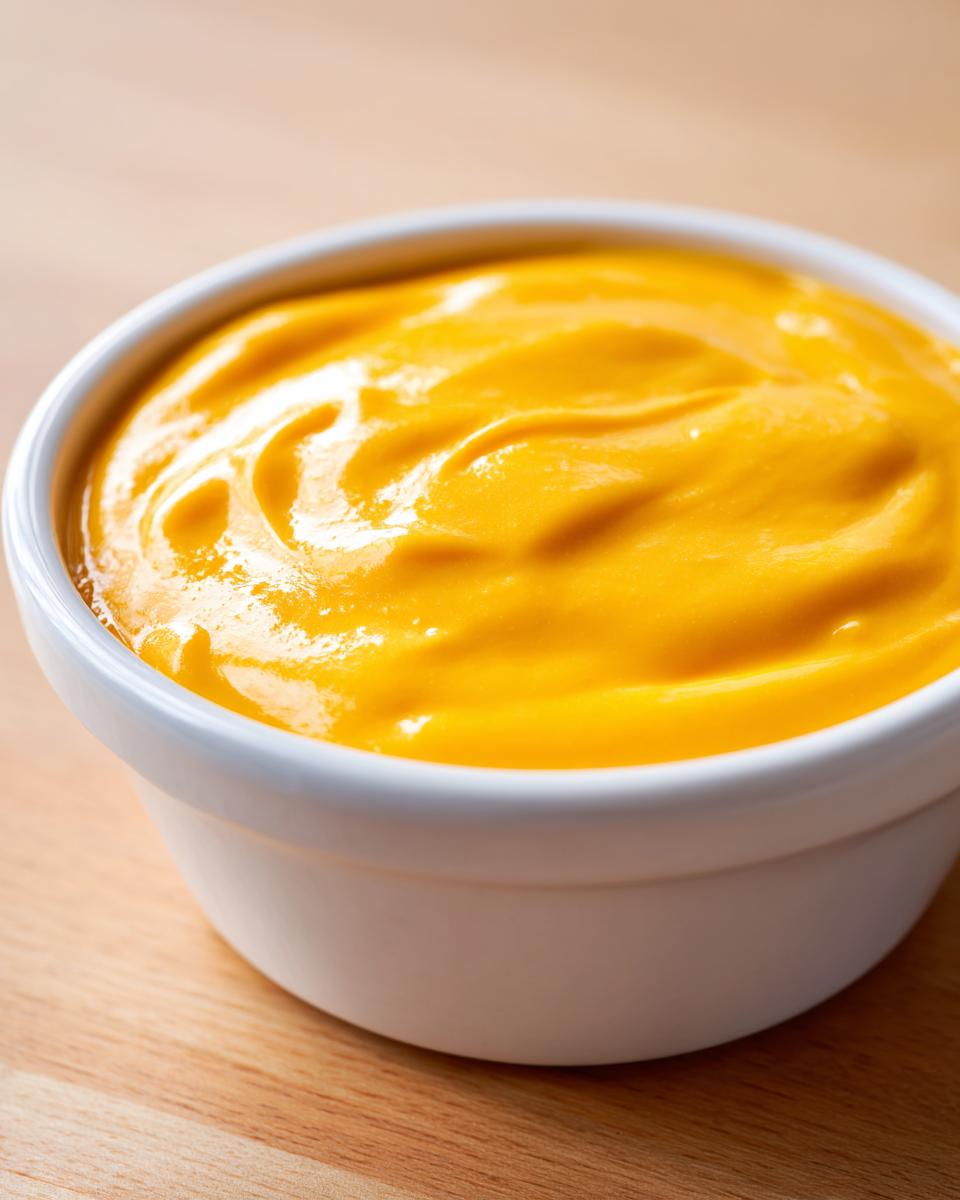 Close-up of smooth, bright orange nacho cheese sauce filling a small white ramekin on a wooden surface.