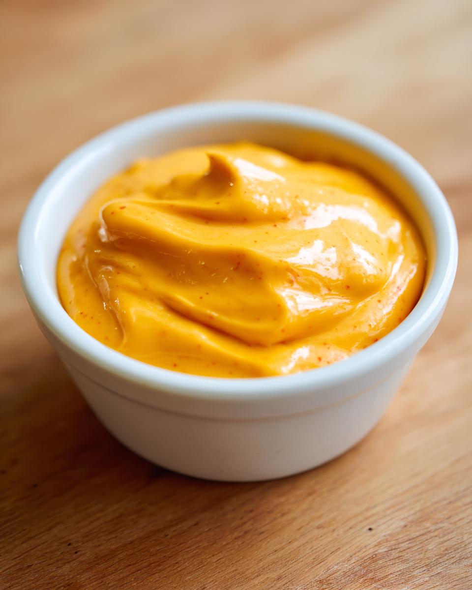 Close-up of thick, bright orange nacho cheese sauce with red spice flecks in a white dipping bowl.