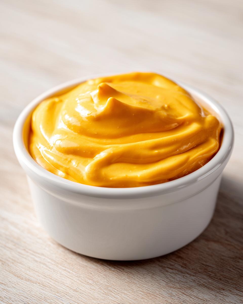 A close-up of thick, vibrant orange nacho cheese sauce swirled in a small white bowl.