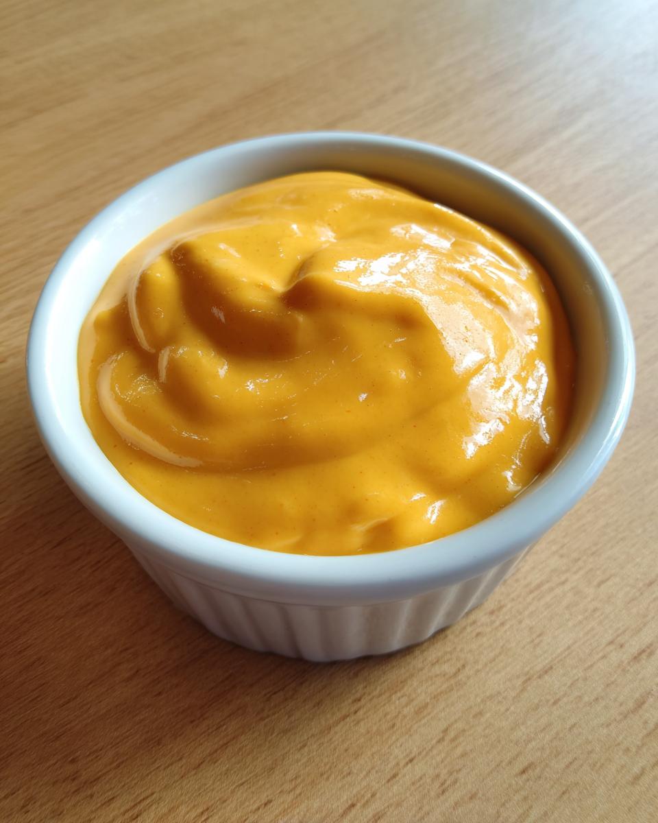Close-up of smooth, bright orange nacho cheese sauce served in a small white dipping bowl.