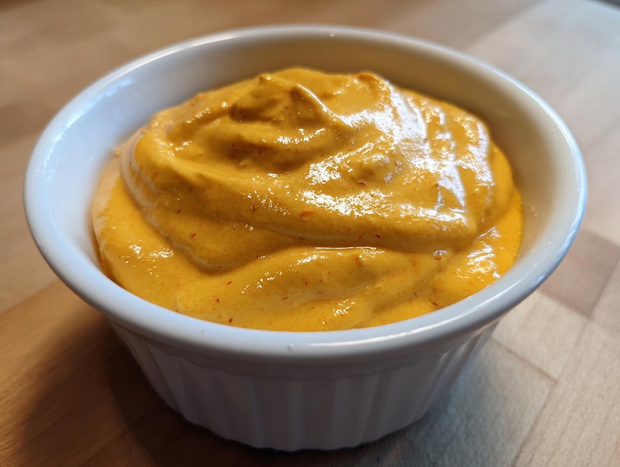 Close-up of thick, vibrant orange nacho cheese sauce served in a small white fluted ramekin.