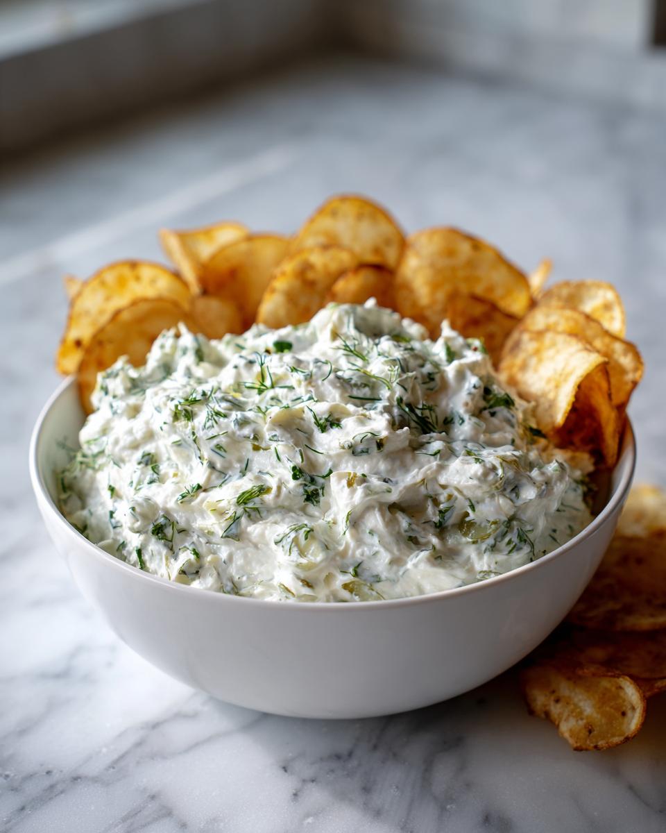 A close-up of creamy pickle dip generously sprinkled with dill, served with potato chips in a white bowl.