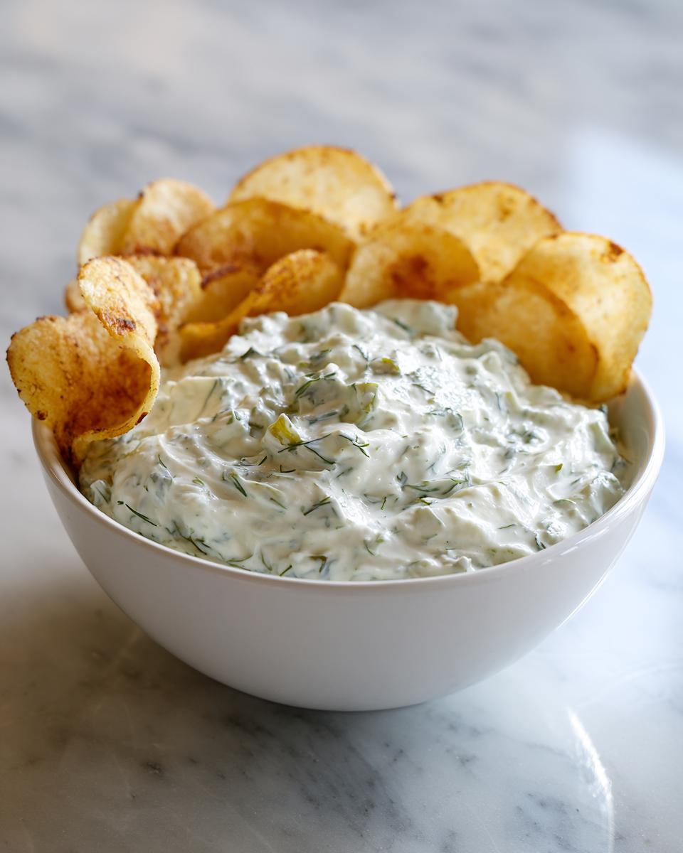 A white bowl filled with creamy pickle dip garnished with dill and surrounded by crispy potato chips.