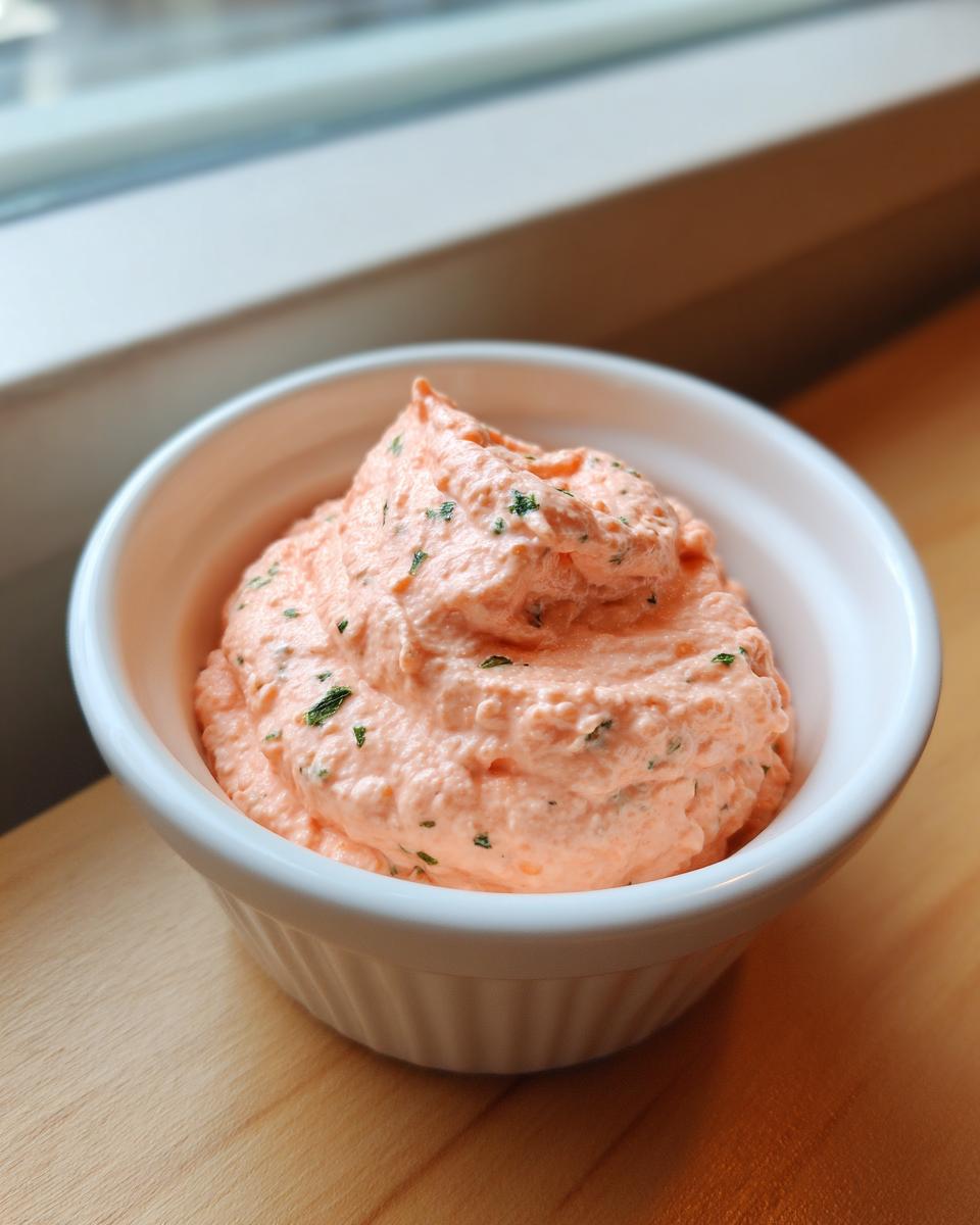 A close-up of thick, creamy, pink remoulade sauce speckled with green herbs, served in a small white bowl.