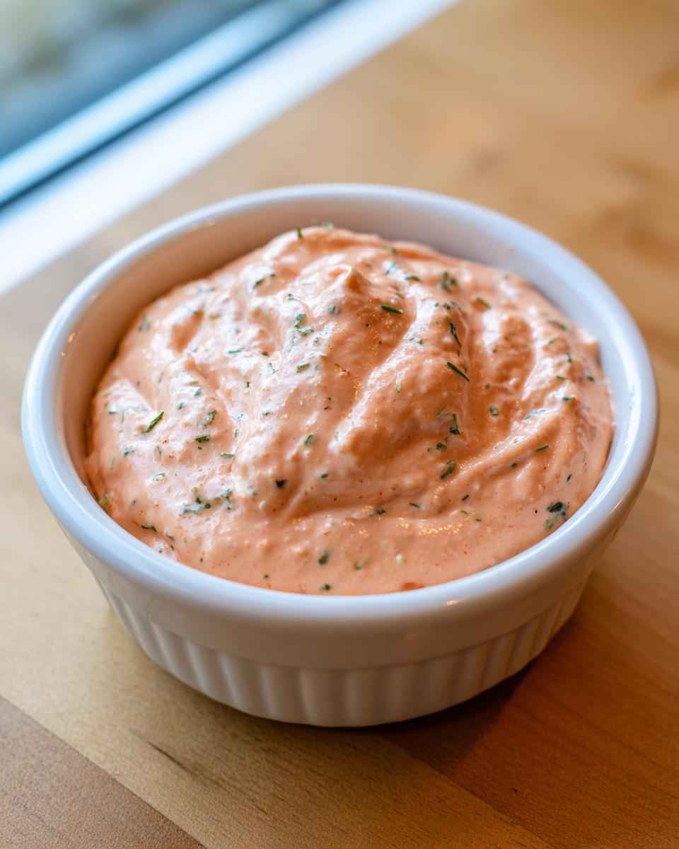 Close-up of a small white bowl filled with creamy, orange-hued remoulade sauce, speckled with green herbs.