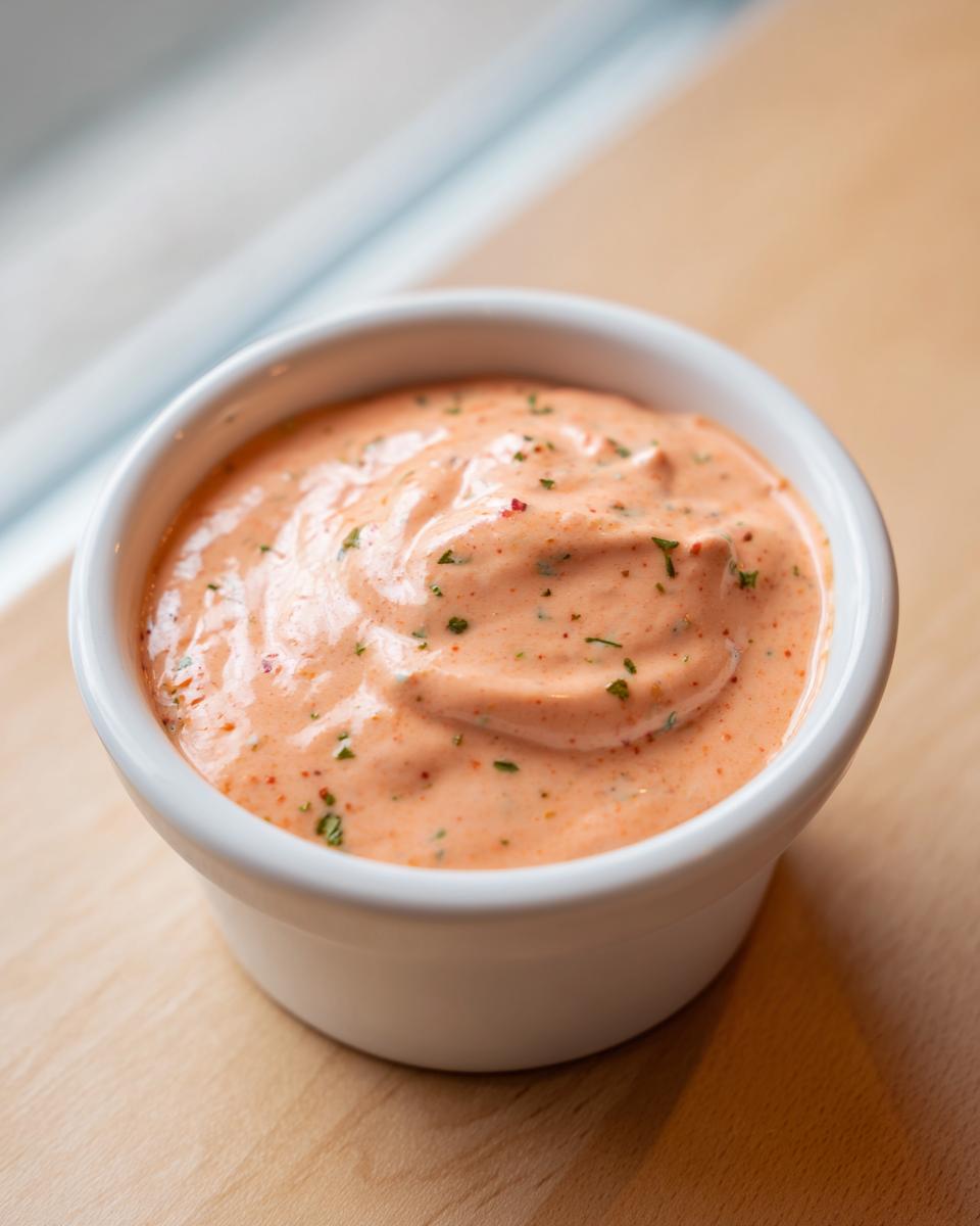 Close-up of creamy, orange-hued remoulade sauce speckled with herbs in a small white dipping bowl.