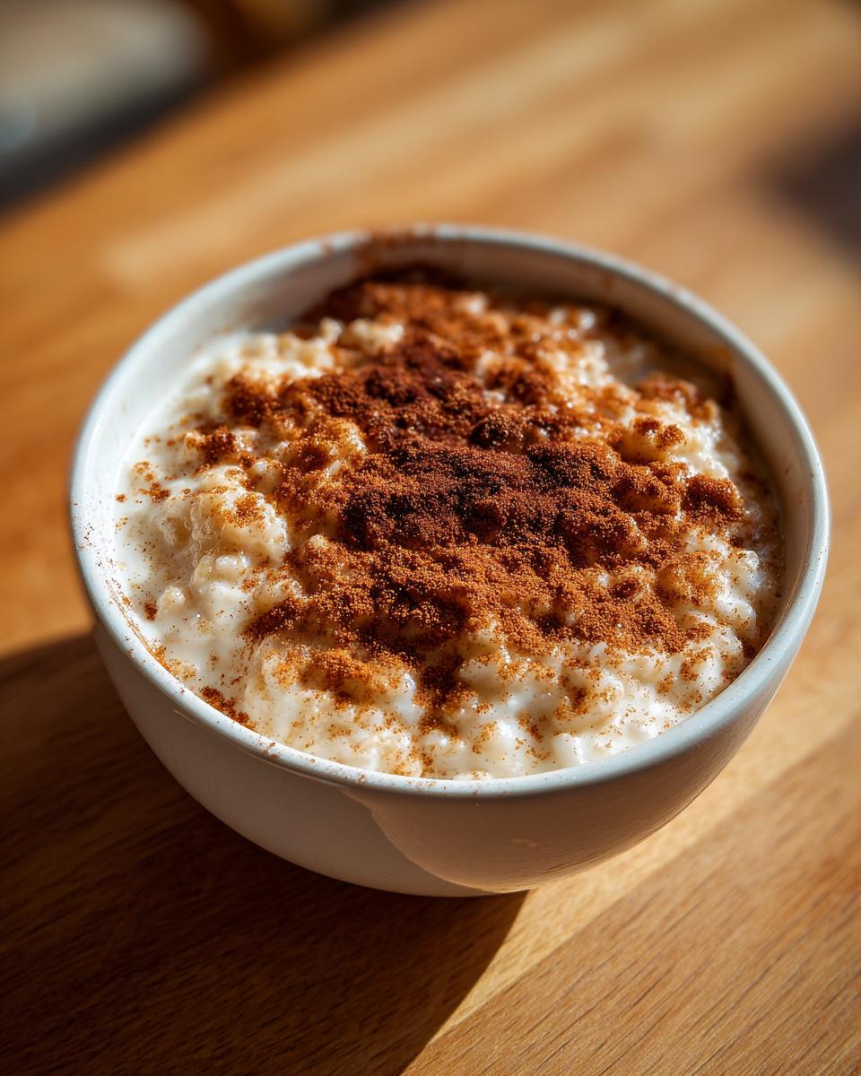 A close-up of creamy rice pudding in a white bowl, generously topped with ground cinnamon.