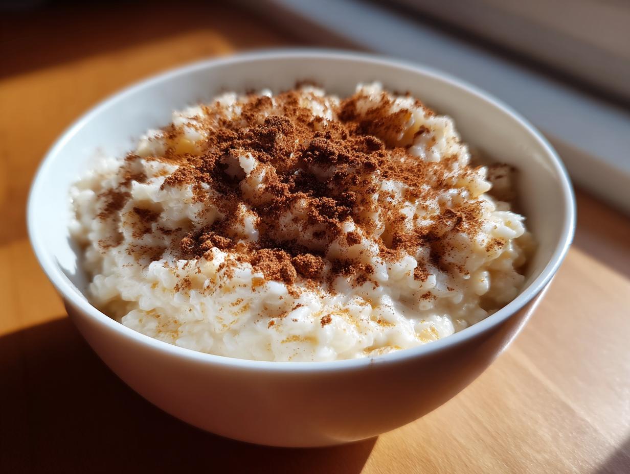 A close-up of creamy rice pudding served in a white bowl, generously dusted with ground cinnamon.
