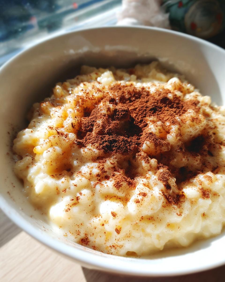 Close-up of creamy rice pudding topped generously with ground cinnamon in a white bowl.