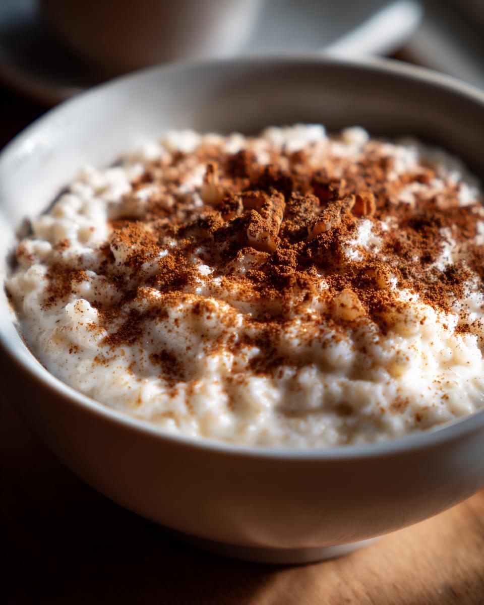 Close-up of creamy rice pudding in a white bowl, generously topped with ground cinnamon.