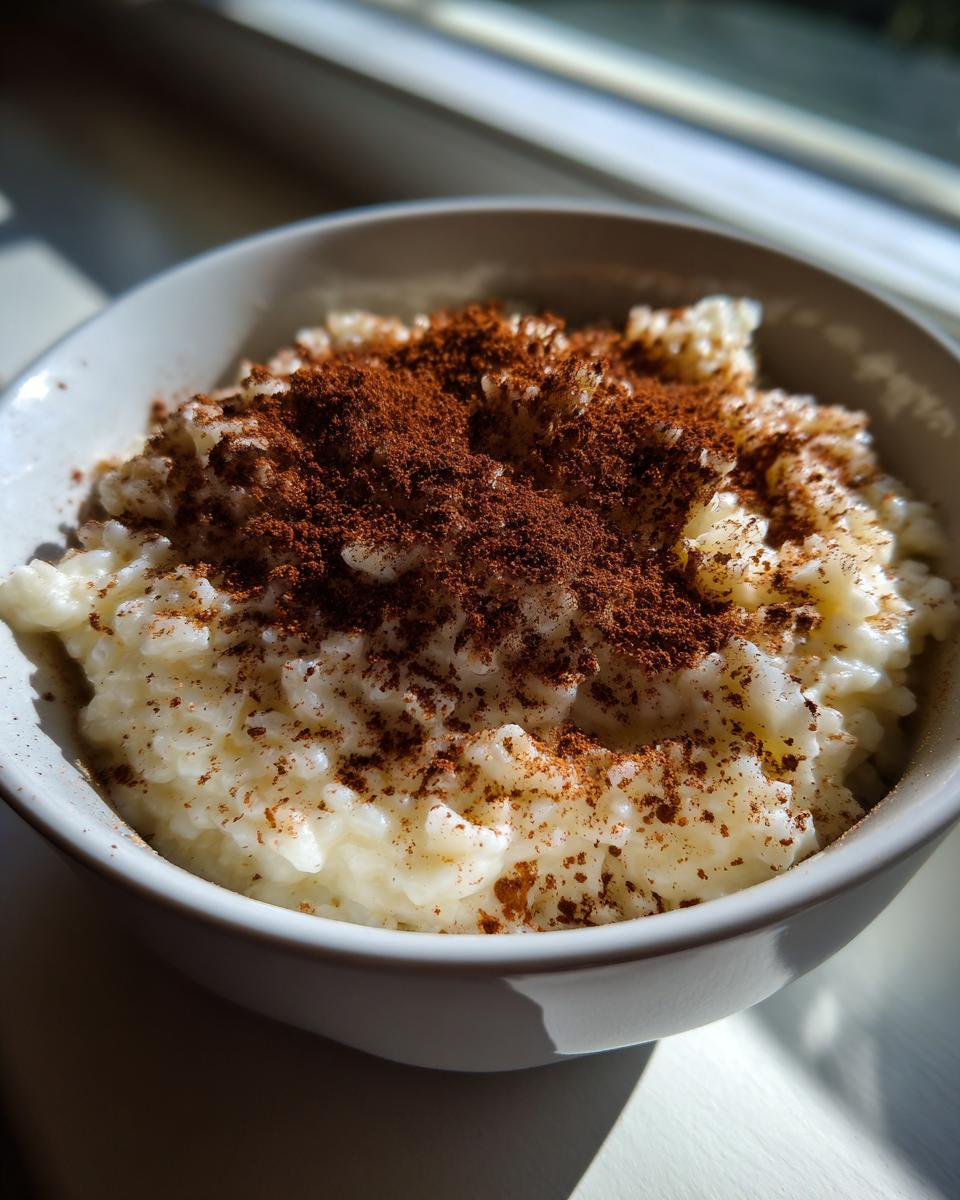 Close-up of creamy rice pudding in a white bowl generously topped with ground cinnamon.
