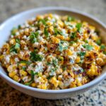 A close-up of a vibrant street corn salad featuring charred corn kernels mixed with a creamy sauce, cotija cheese, and fresh cilantro.