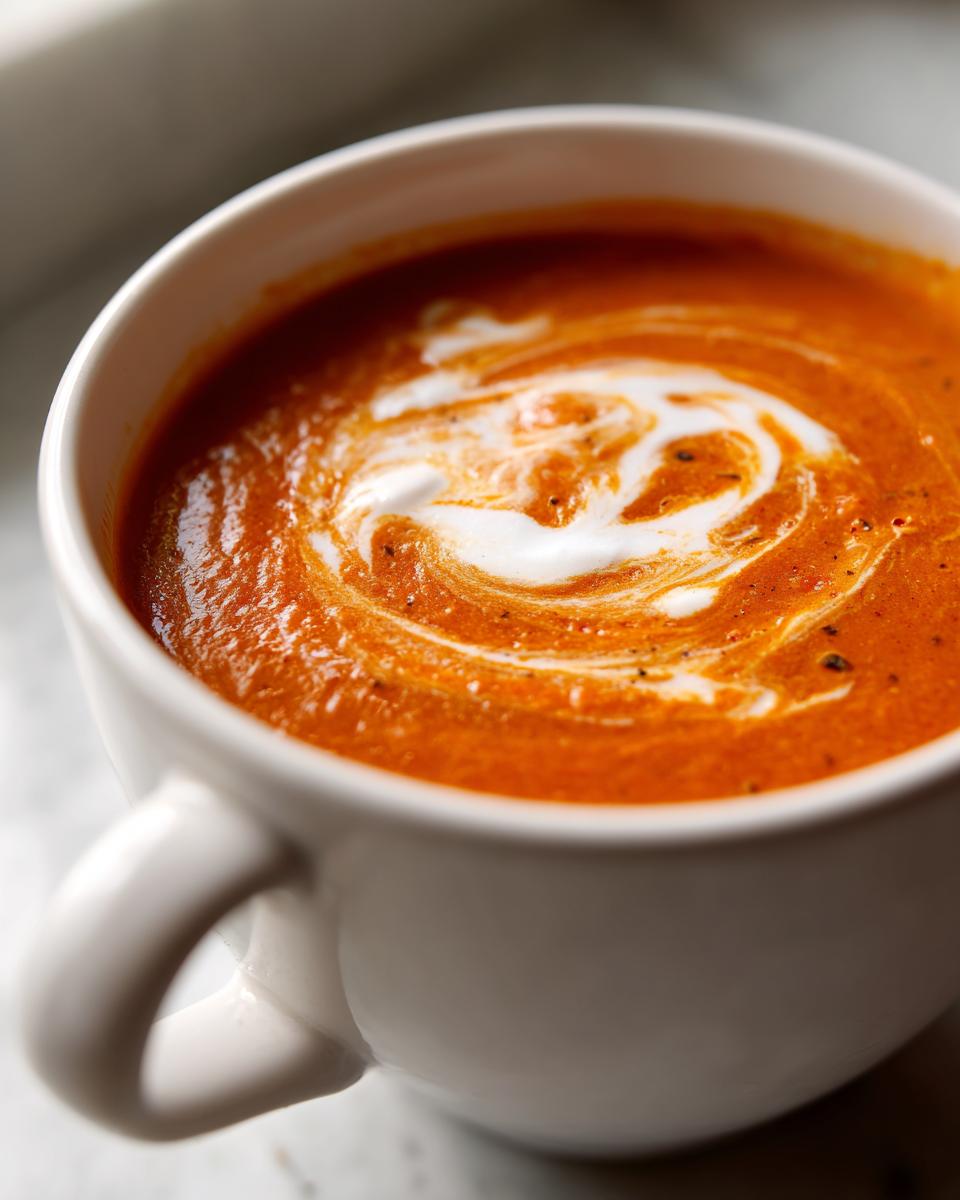 Close-up of creamy tomato bisque in a white mug, topped with a decorative swirl of cream.