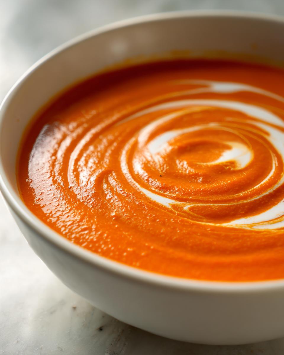 Close-up of creamy, bright orange tomato bisque in a white bowl, swirled with cream.