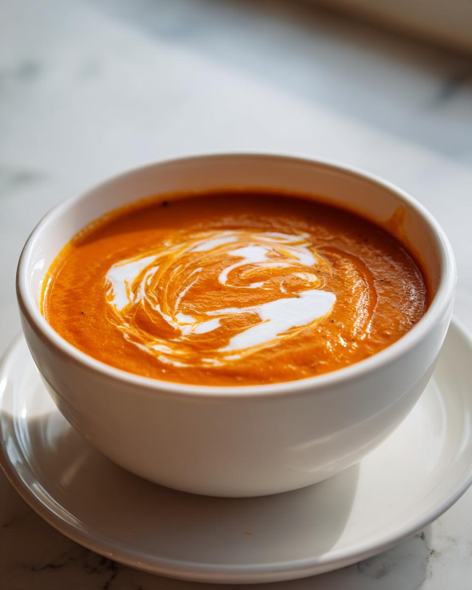 Close-up of a vibrant orange tomato bisque topped with a swirl of white cream in a white bowl.