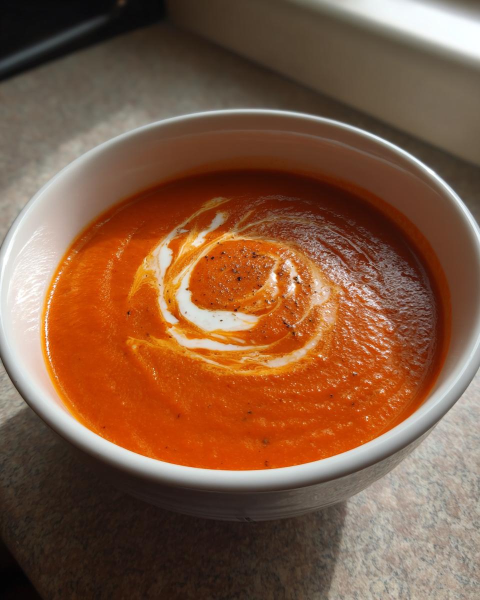 A close-up of a bowl of rich, orange tomato bisque, garnished with a swirl of cream and black pepper.