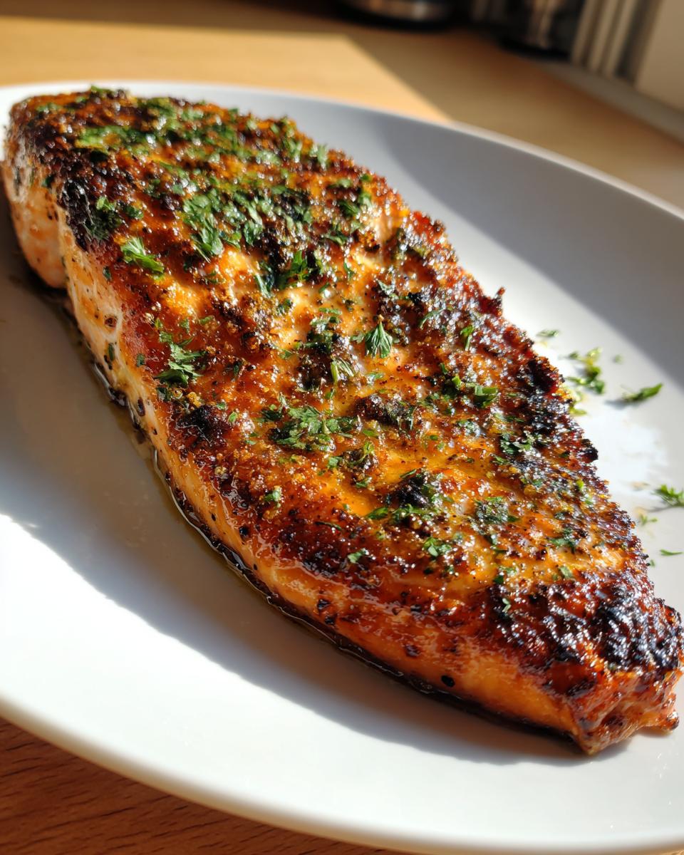 Close-up of a perfectly cooked, crispy air fryer salmon fillet seasoned with herbs on a white plate.