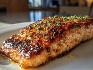 Close-up of a perfectly cooked, crispy air fryer salmon fillet topped with fresh parsley.