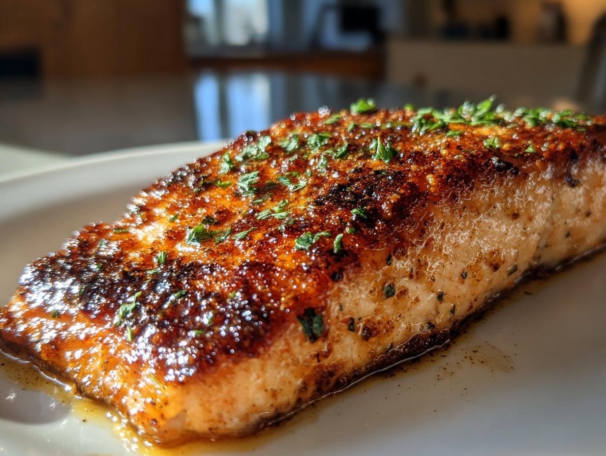 Close-up of a perfectly cooked, crispy air fryer salmon fillet topped with fresh parsley.