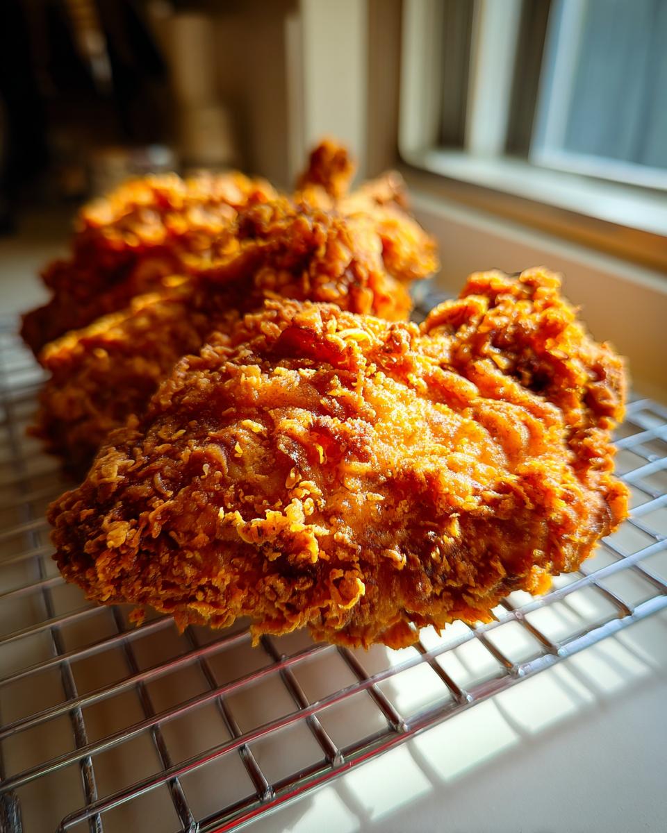 Close-up of perfectly crispy, golden brown fried chicken pieces cooling on a wire rack near a window.