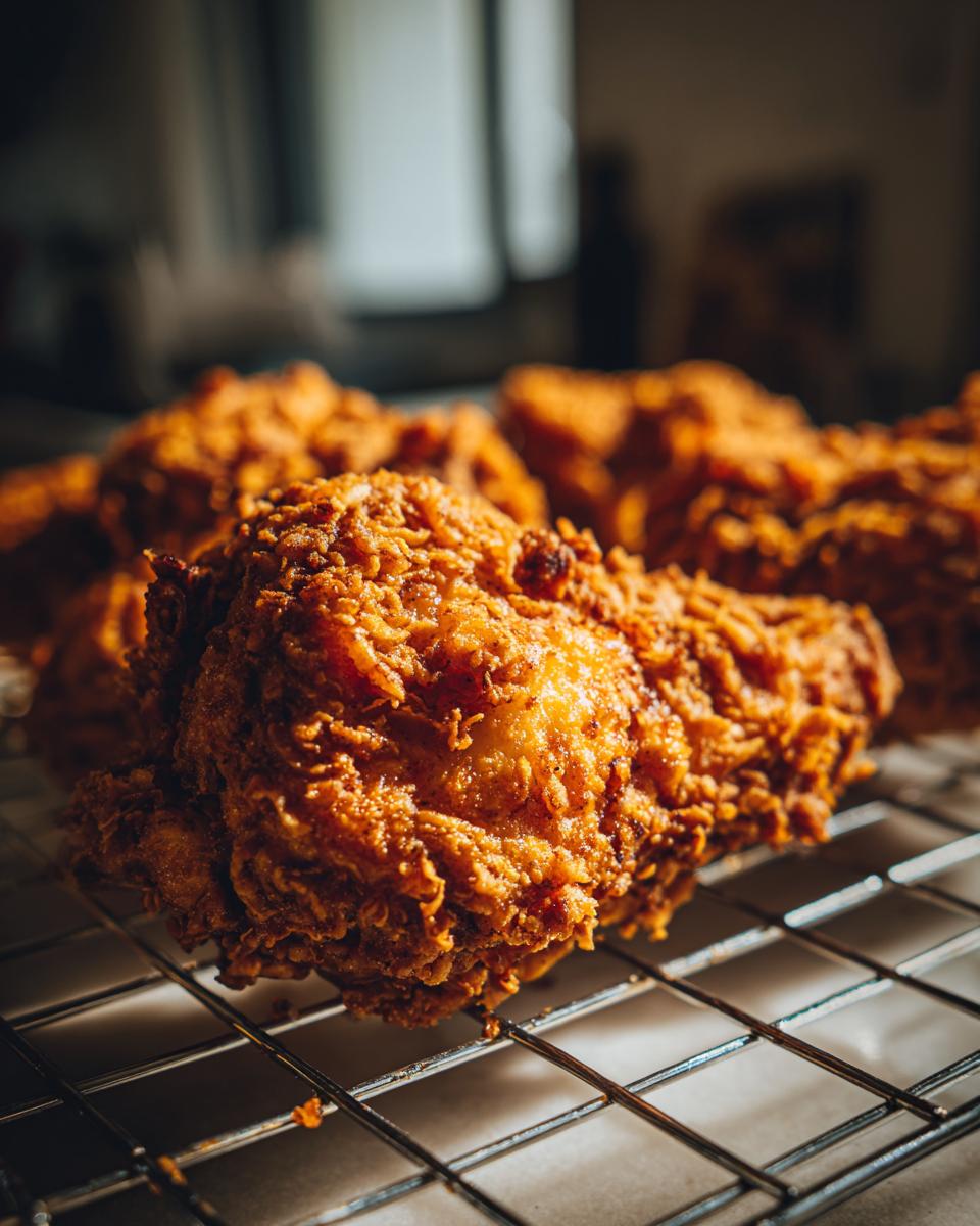 Close-up of golden brown, extra crispy fried chicken resting on a metal cooling rack after cooking.