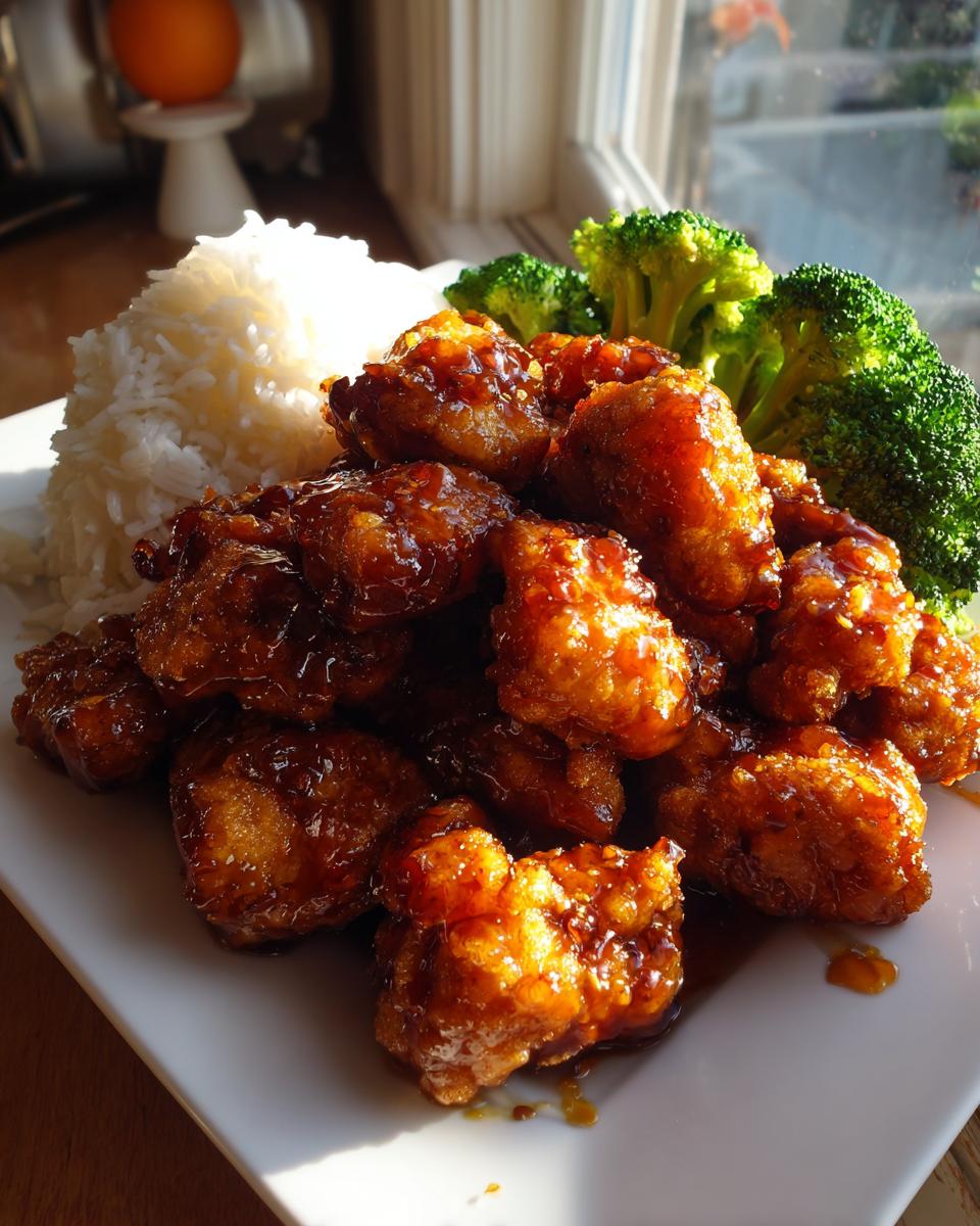 A plate of crispy, glazed orange chicken recipe served with white rice and steamed broccoli florets.